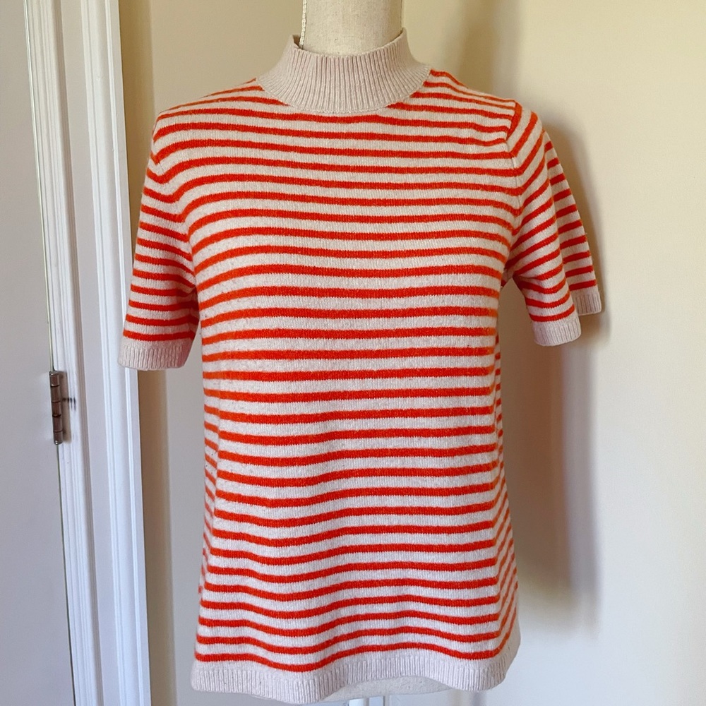 Orange and cream striped short sleeve sweater